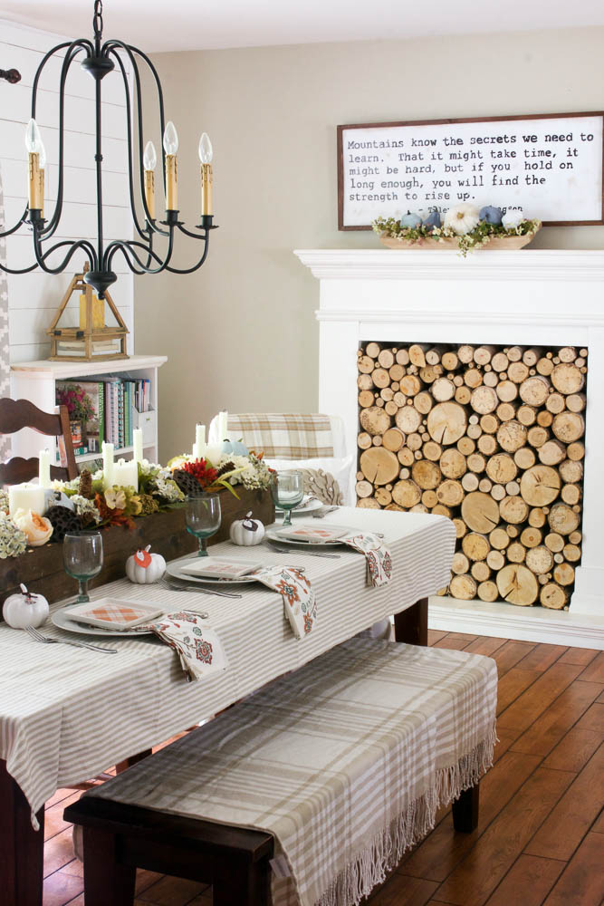 Neutral fall dining room with DIY wood box centerpiece