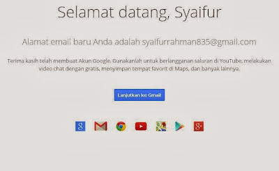 Halaman Penyambutan Gmail, Menandakan bahwa proses pembuatan email selesai