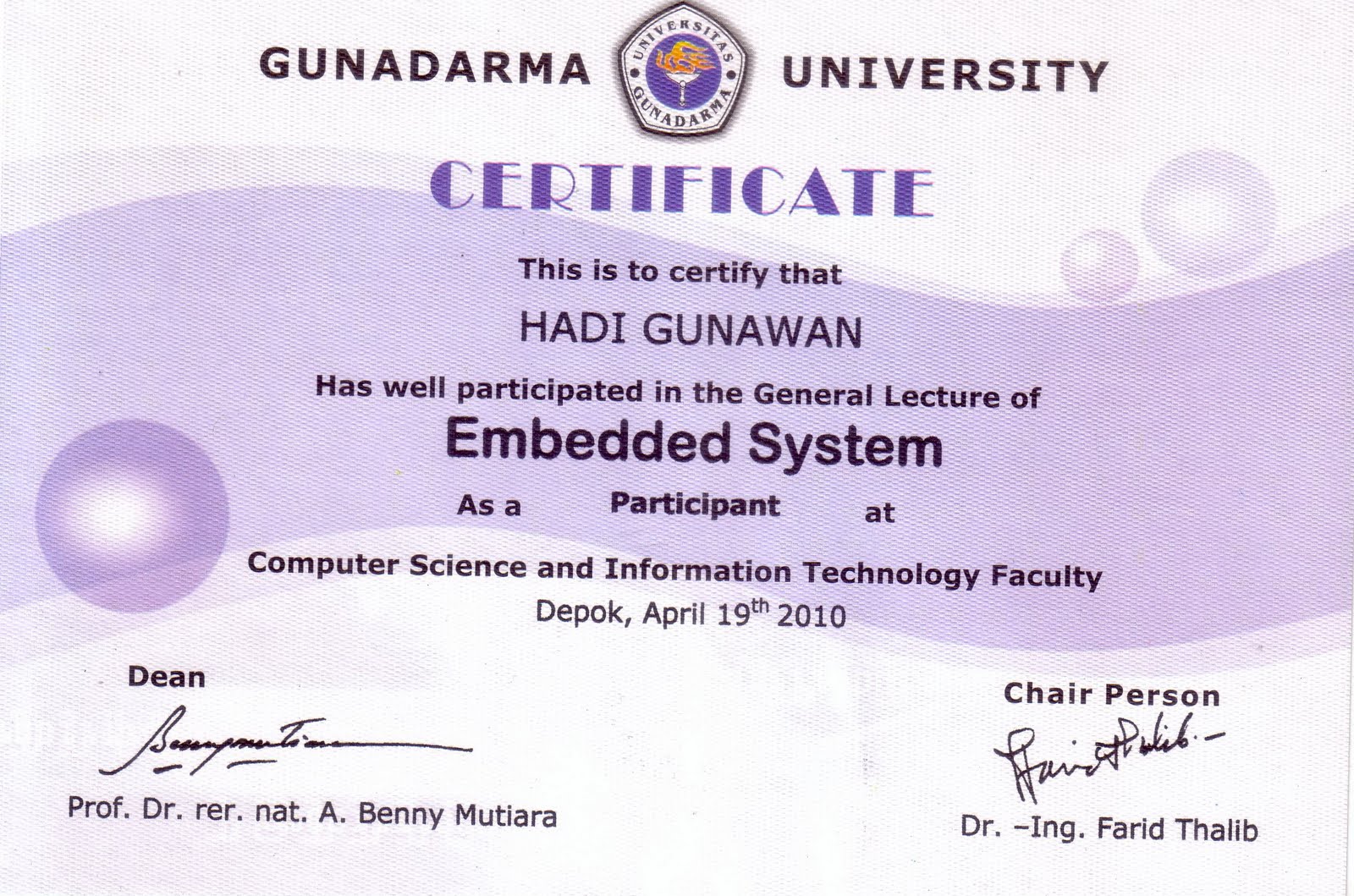 Hadi Gunawan Blog: Sertifikat Kuliah Umum "Embedded System"