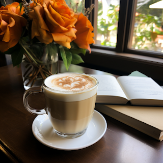 orange roses in a glass vase sit next to a pumpkin spice latte in a white ceramic mug on a wooden desk next to a laptop and books