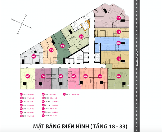 Mặt bằng điển hình tầng 18 đến 33 tháp doanh nhân