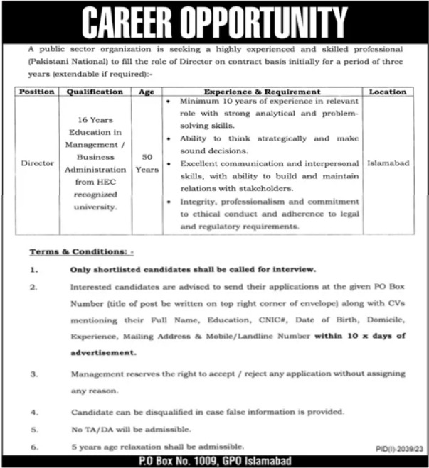 Public Sector Organization Management Jobs In Islamabad 2023