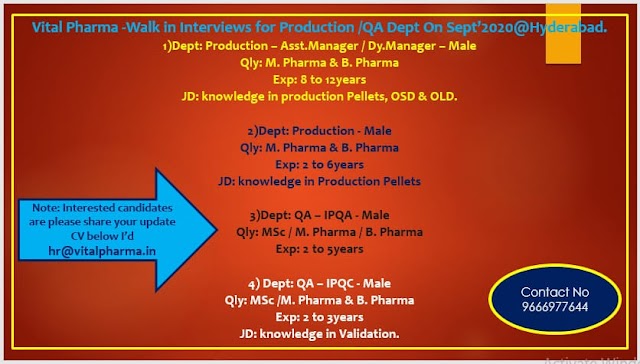 Vital Pharma | Walk-in interview for Production/QA at Hyderabad on Sept- 2020