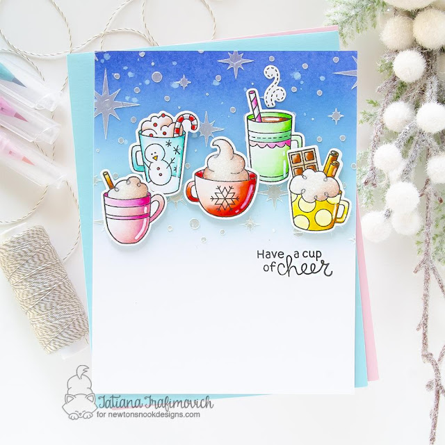 A Cup of Cheer Card by Tatiana Trafimovich | Cup of Cocoa Stamp Set and Starfield Stencil by Newton's Nook Designs #newtonsnook #handmade