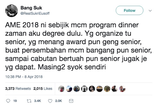 “Sendiri host, sendiri calon, sendiri announce, sendiri menang, sampaikan pun kat diri sendiri. Real definition of SYOK SENDIRI.”