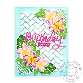 Sunny Studio Blog: Tropical Flowers Birthday Card (using Radiant Plumeria, Frilly Frames Herringbone Dies & Birthday word from Blooming Frame Dies)
