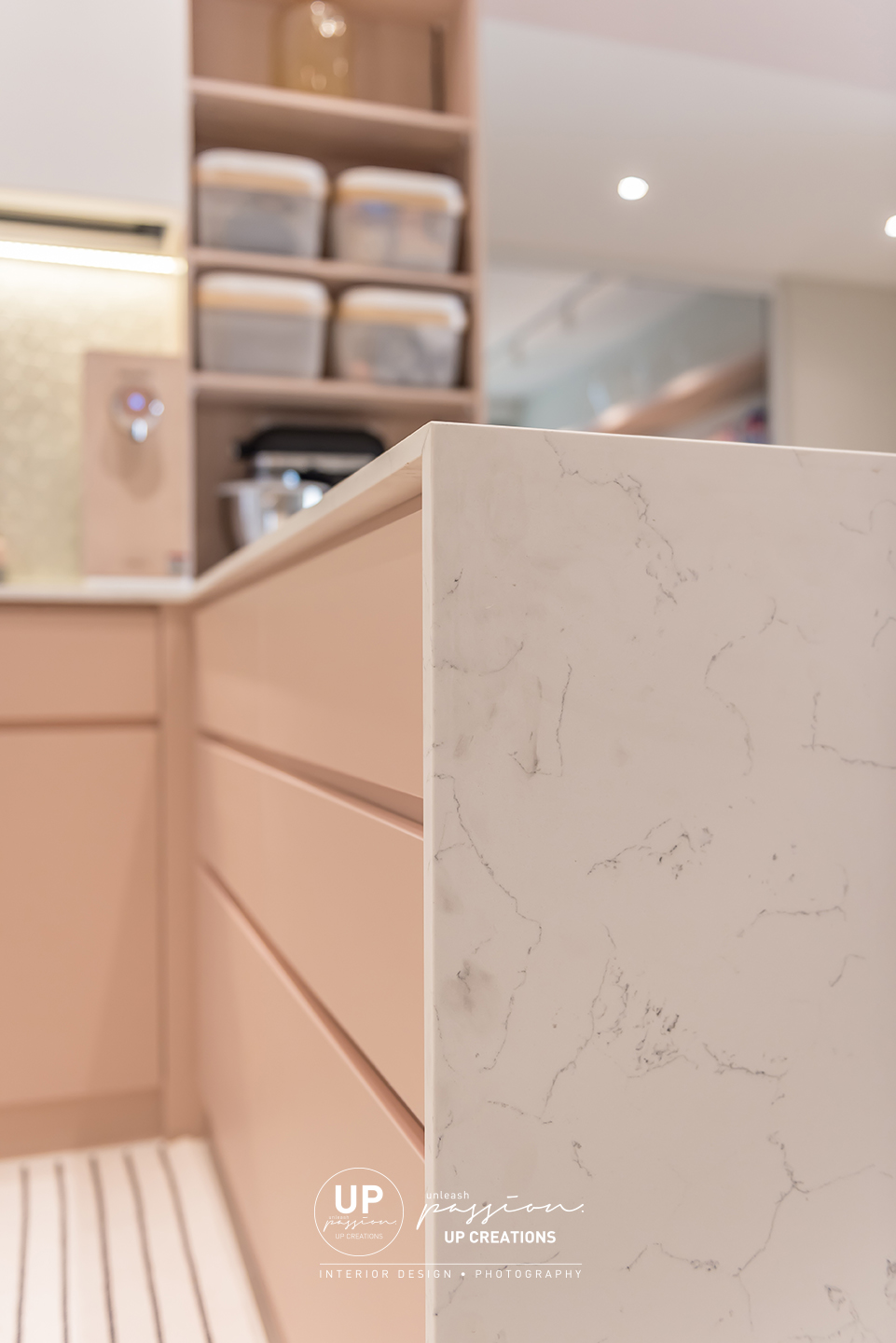 Mont Kiara Pines condo quartz in marble look match with pastel pink color cabinet