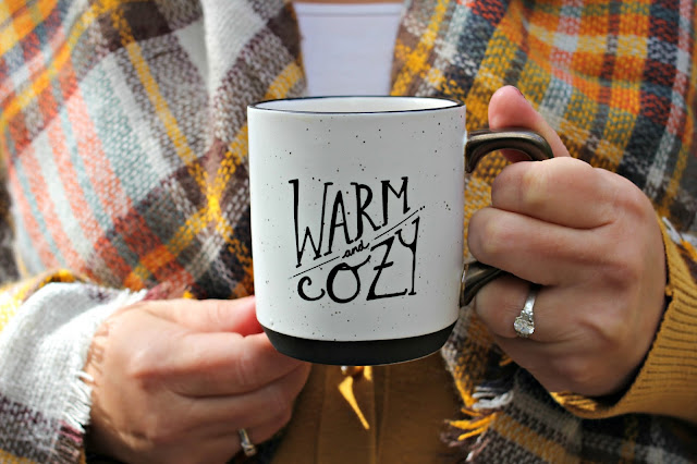 Target Threshold warm and cozy mug with fall plaid scarf - www.goldenboysandme.com