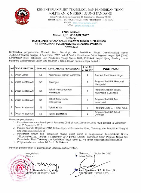 lowongan dosen, cpns dosen, politeknik negeri ujung pandang, september 2017, poiteknik negeri