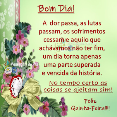 A  dor passa, as lutas passam, os sofrimentos cessam e aquilo que achávamos não ter fim, um dia torna apenas uma parte superada e vencida da história. No tempo certo as coisas se ajeitam sim! Feliz Quinta-Feira! Bom Dia!