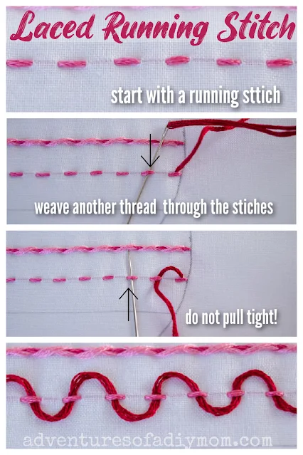 collage of steps to create the laced running stitch