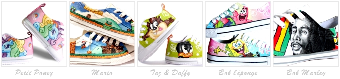 Petit Poney Custom Shoes Lego Custom shoes Taz et daffy custom shoes Bob l'éponge custom shoes Bob Marley Custom shoes