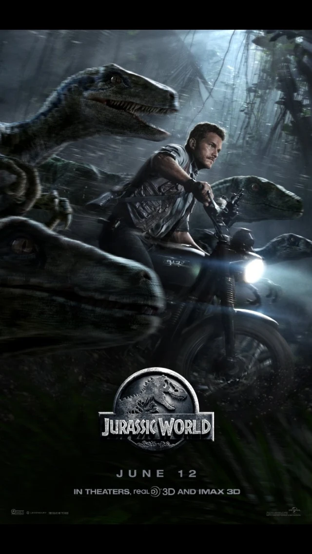 Actor Chrs Pratt speeds through the jungle on a Triumph Scrambler flanked by Velociraptor Dinosaurs