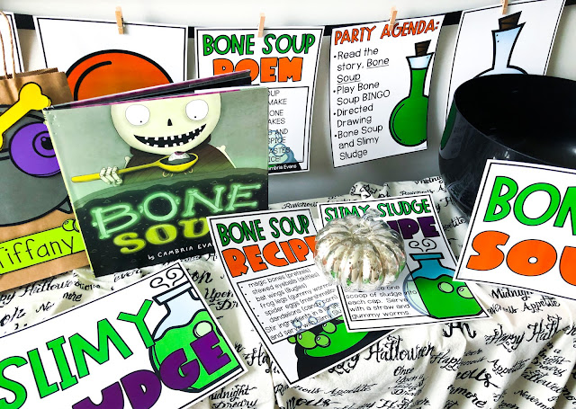 Classroom Halloween Party and Classroom Halloween Decorations for the story Bone Soup!  Halloween activities, Bone Soup recipes, and Halloween Kids' Drinks are all included!  Students will read the story, complete a Halloween directed drawing, create a Halloween trick or treat bag, and play Halloween BINGO!  Halloween gift tags are also included!