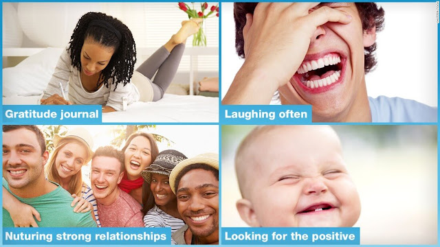 أ‌) الضحك،  ب) تكوين روابط اجتماعية قوية،  ج) كتابة الأمور التي تشعرك بالامتنان،  د) التركيز على الجانب الإيجابي جميع هذه النشاطات تؤدي إلى الشعور بالسعادة. فبحسب دراسات، فإن كتابة الأمور التي تشعرنا بالامتنان لأكثر من مرة في الأسبوع، والضحك، وإحاطة أنفسنا بعلاقات إيجابية، والتركيز على الجوانب الإيجابية في كل المواقف هي طرق ممتازة لتحسين الشعور العام.