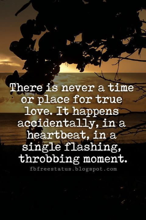 Cute Valentines Day Quotes, There is never a time or place for true love. It happens accidentally, in a heartbeat, in a single flashing, throbbing moment.