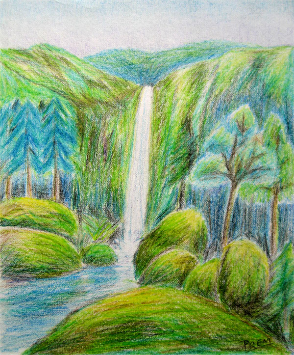 An Imaginary Waterfall in Colored Pencil