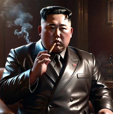 Kim Jong un puffing a stogie wearing black leather blazer