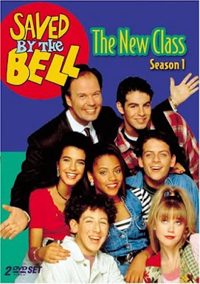 A picture of the DVD cover for Saved by the Bell: The New Class with new Zach, New Kelly, New Jessie, New AC, New Lisa, and even New Screech. Also Mr. Belding is there