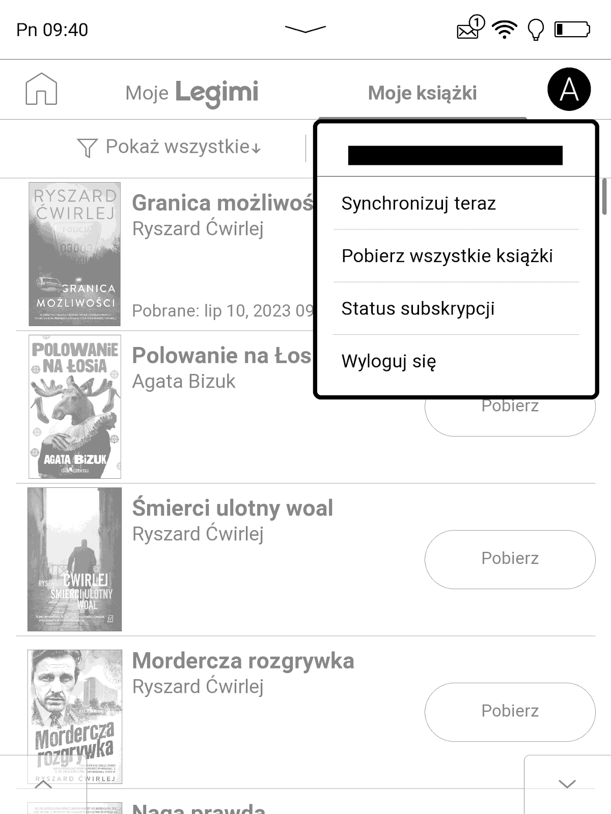 PocketBook InkPad 4 – menu pojawiające się w aplikacji Legimi po kliknięciu w przycisk z literą A