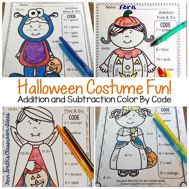  Fern Smith's Classroom Ideas Color By Numbers Halloween Costumed Kids Addition and Subtraction Bundle at TeacherspayTeachers.