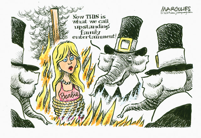 Three Republican Elephants in Puritan garb surround Barbie as she burns at a stake.  One says, 