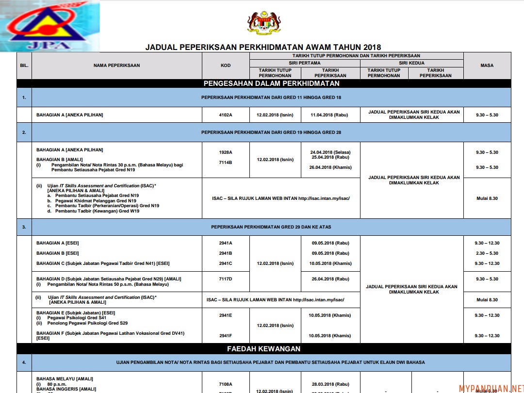 Jadual Peperiksaan Perkhidmatan Awam Tahun 2020 My Panduan