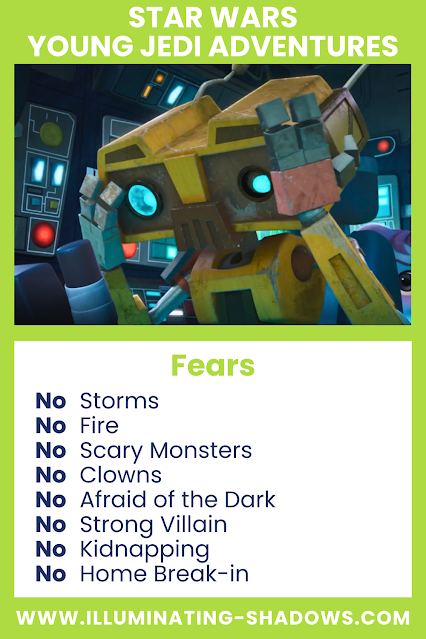 Star Wars Young Jedi Adventures - Fears - Picture of a fearful robot that Kai, Lys, and Nubs help overcome his fear