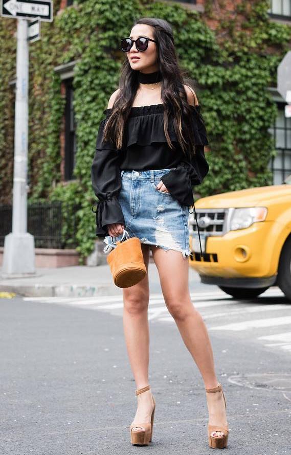 best summer outfit / black chiffon blouse + bag + denim skirt + heels