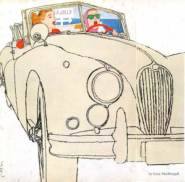 a Jack Potter illustration of two sing women in a convertable top car