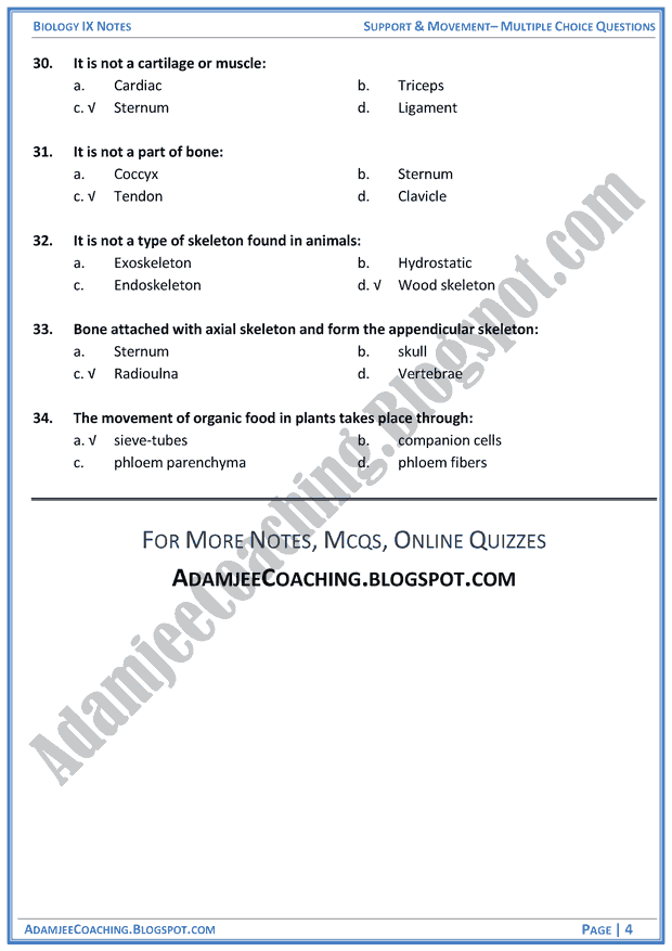 support-and-movement-multiple-choice-questions-biology-notes-for-class-9th