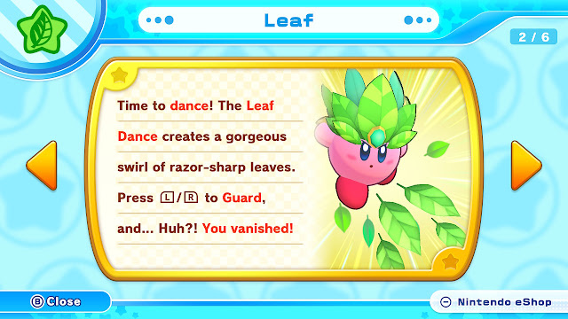 Kirby's Return to Dream Land Deluxe Leaf Copy Ability pause menu profile description dance