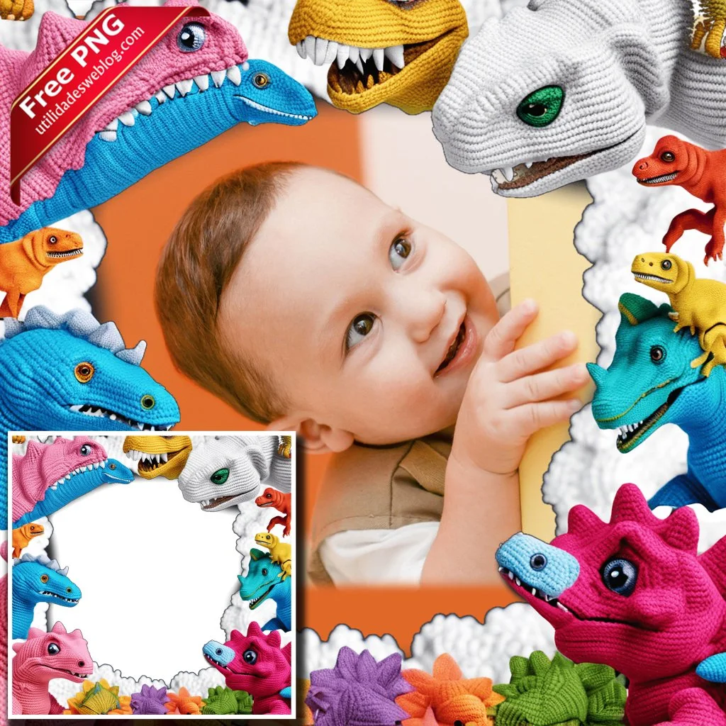 marco para fotos con dinosaurios bordados o de crochet en png con fondo transparente para descargar gratis