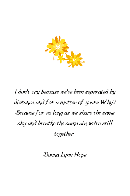 I don't cry because we've been separated by distance, and for a matter of years. Why? Because for as long as we share the same sky and breathe the same air, we're still together. -Donna Lynn Hope