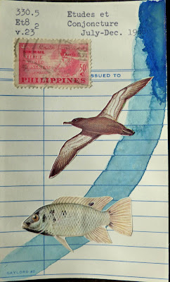 library card Fluxus Dada mail art fish bird seagull postage stamp collage