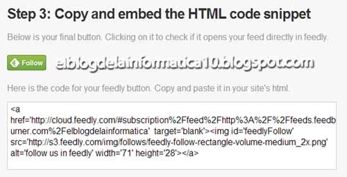 Botón Feedly para blog - 3º paso Código HTML generado