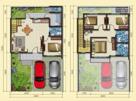 Denah rumah minimalis ukuran 8x13 meter 5 kamar tidur 2 