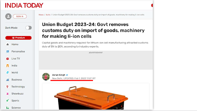 union budget 2023-24 govt removes custom duty on import of good,machinery for making li-ion celss