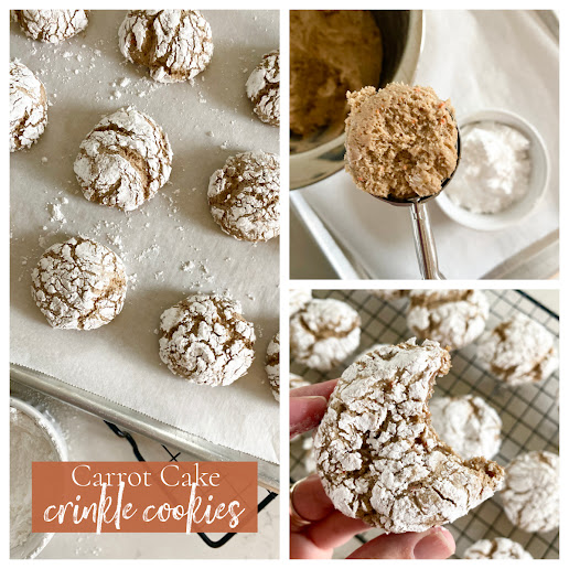 Collage of Carrot Cake Cookies on baking sheet, a cookie scoop of dough and a hand holding one with a bite taken out.
