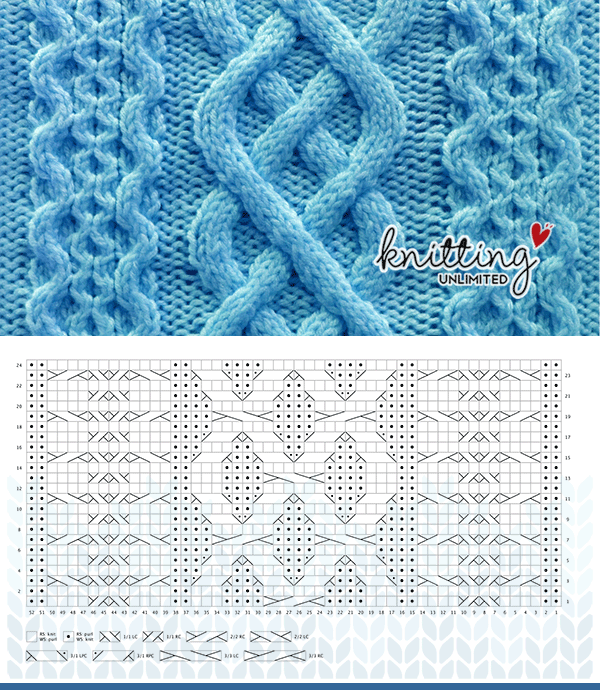Advanced Cable Knitting No 48. This pattern is available for FREE on Knitting Unlimited website. Including written instructions and a chart with key.