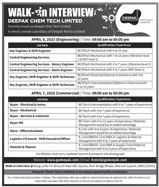 Deepak Chem Tech Walk In Interview For Engineering and Commercial Department