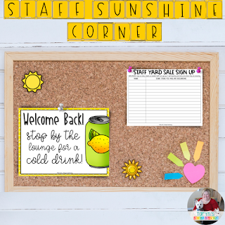 Create a sunshine corner like these for a fun and easy ongoing way to boost staff morale in your school this year.