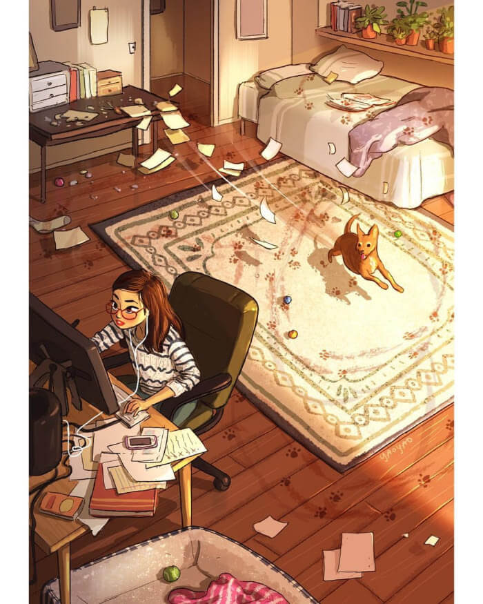 The Freedom of Living Alone in 16 Fascinating Drawings - You let your pet have fun and throw yourself into work.