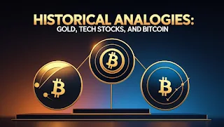 A comparative illustration featuring Bitcoin, gold, and tech stocks, showcasing their historical growth. The image includes a Bitcoin coin, a gold bar, and stock market graphs representing companies like Amazon and Apple, highlighting financial trends over time.
