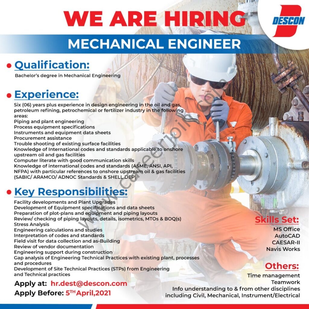 Descon Pakistan Jobs Mechanical Engineer 2021