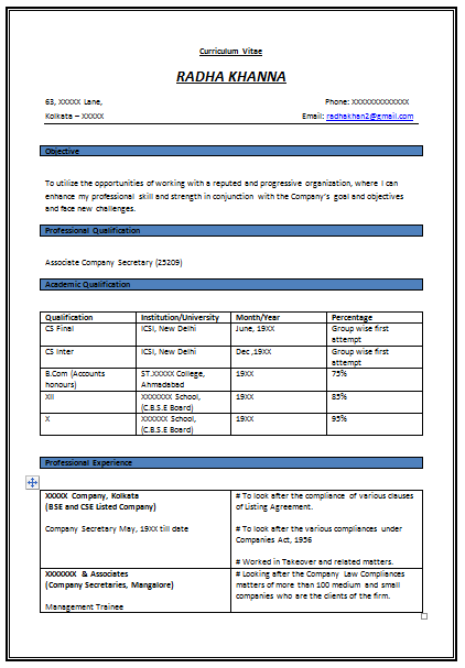 Resume Format for Experienced Company Secretary