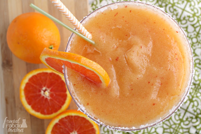 Ripe peach and sweet Cara Cara oranges come together in this refreshing Frozen Peach & Cara Cara Orange Margarita.