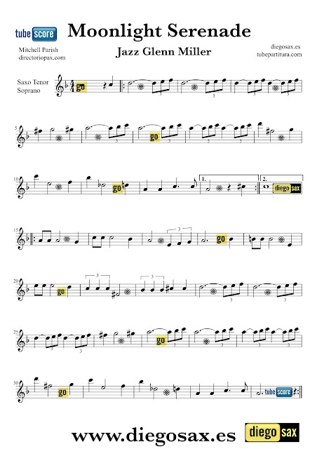 Partitura de Moonlight Serenade para Saxofón Tenor y Saxo Soprano en Si bemol de Glenn Miller Music Score Tenor Saxophone Sheet Music