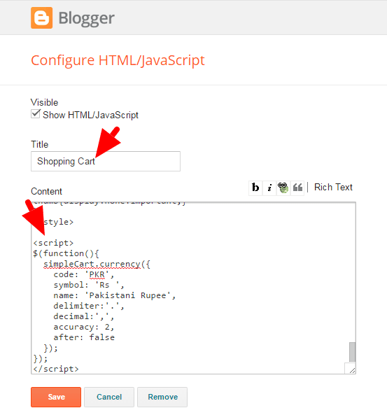 Setup Pakistani Rupee with Blogger Shopping Cart Widget