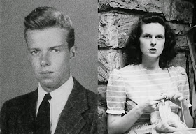 Side-by-side black and white photographs, one of a young man on a blank background and the other of a young woman leaning against a wall.